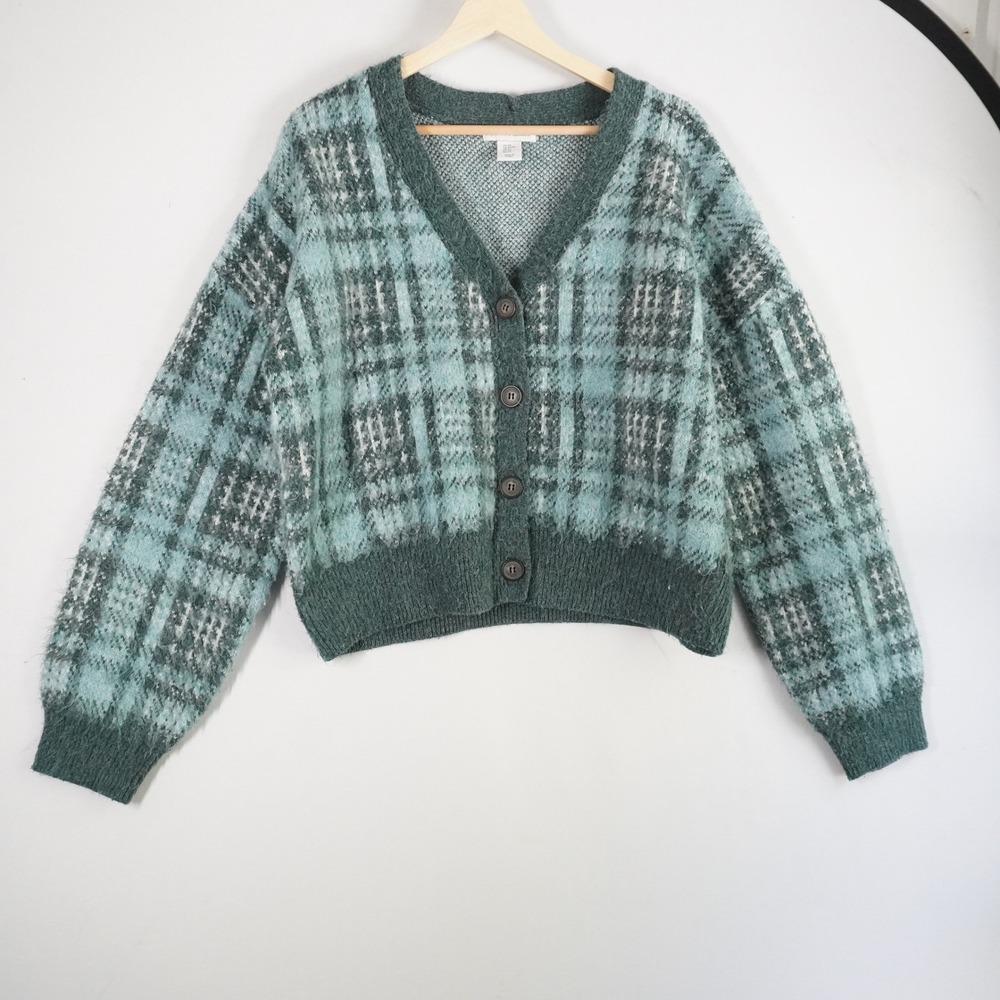Cupcakes Cashmere XS Plaid Knit Cardigan Green Blue Button Up Sweater oversized